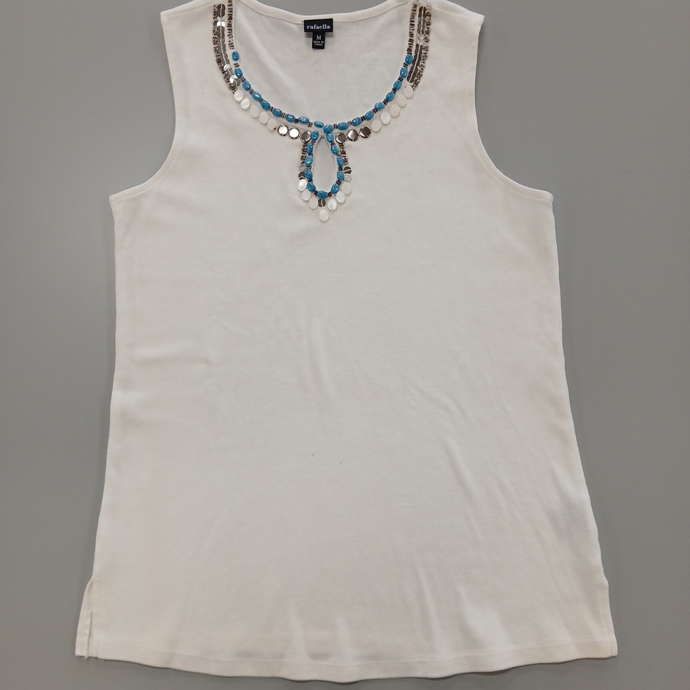 Rafaella White Tank Top with Blue and Silver Accents Size Medium